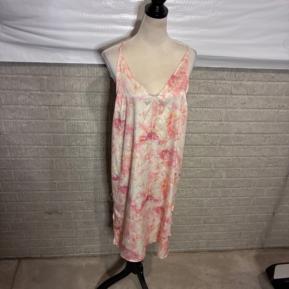 Stars Above Pink Orange Watercolor Satin Chemise Nightgown Size M Sleep Dress